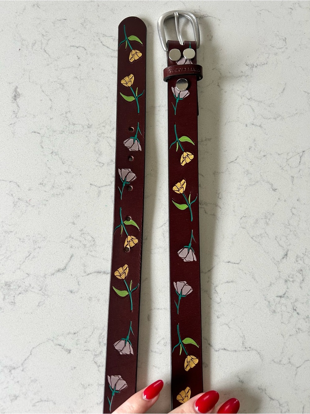 LIKE NEW Lucky Brand Floral Embossed Handpainted Leather Belt 39.5” Length - Picture 6 of 10